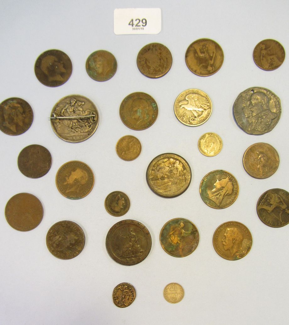 A tray of coins including George III 1797 two-pence, 1799 halfpenny, 1775 halfpenny, Victoria 1884