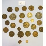 A tray of coins including George III 1797 two-pence, 1799 halfpenny, 1775 halfpenny, Victoria 1884