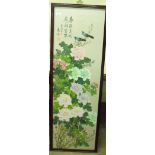 Three Chinese watercolours of flowers and birds, the largest 121 x 38cm