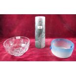 A cut glass fruit bowl - boxed, a blue and mottled vase and a glass bowl