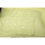 A late 19th century / early 20th century large cotton white blanket - embroidered Psalm