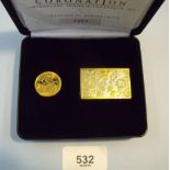 The coronation anniversary ingot and sovereign set No: 0407 Royal Mint year 2003 with certificate of