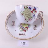 A Newhall cup and saucer painted shell (hairline to base)