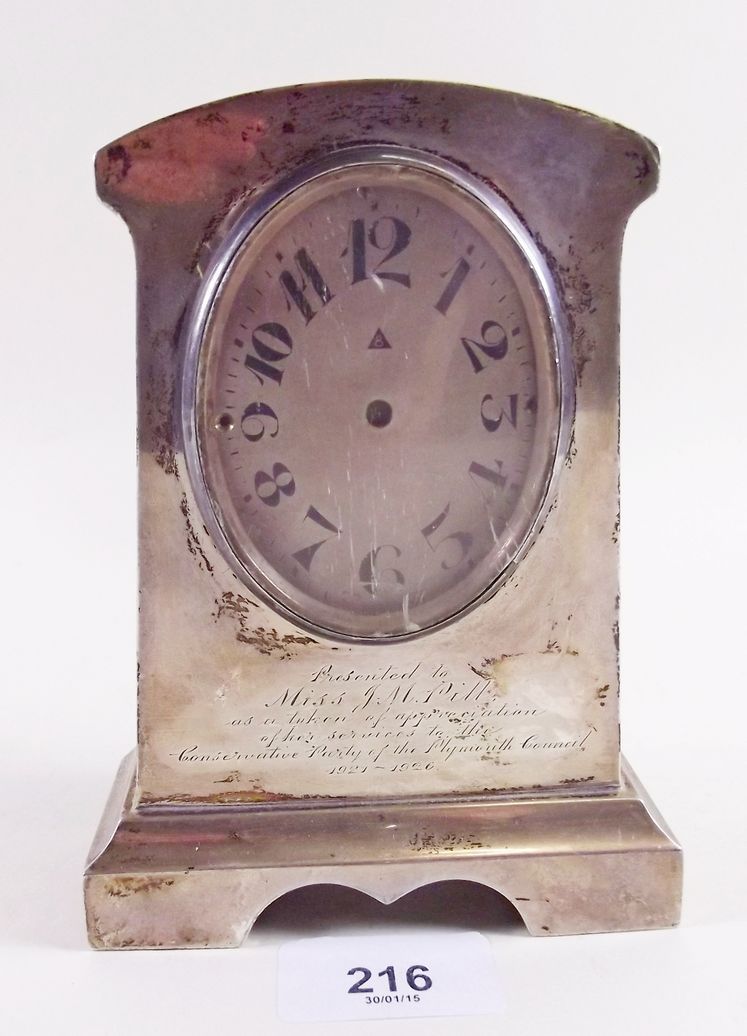 A silver Art Deco mantel clock engraved presentation - a/f