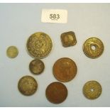 A group of nine coins including South African 1892 5 Shillings (single shaft on wagon), an 1896 2