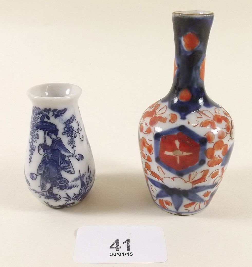 A miniature Imari vase and blue and white vase