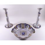 A pair of Faience large candlesticks (1 restored) - 29cm and a large fruit bowl