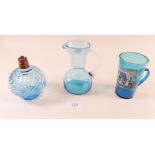 A Victorian turquoise glass Crystal Palace mug, a turquoise glass jug and a scent bottle