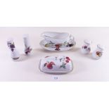 A Royal Worcester Evesham gravy boat and stand, a covered butterdish, a large pair of salt and