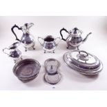 A silver plated four piece teaset by Mappin & Webb, a silver plated entree dish and a bottle