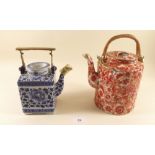 A Chinese blue and white teapot and orange floral one