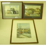 Two watercolour canal scenes and a watercolour Oswestry