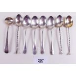 Eight assorted silver teaspoons/cruet spoons