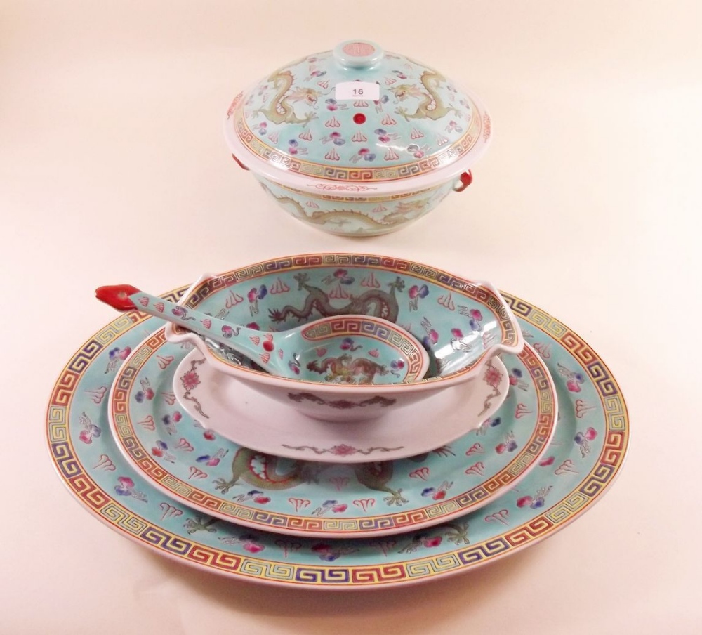 A fine Chinese 1950's turquoise dinner service comprising: six small bowls - 12cm dia, twelve