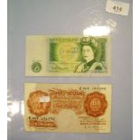 Two British banknotes encapsulated including one DHF Somerset 1980-88 green £1 prefix C203 and one L