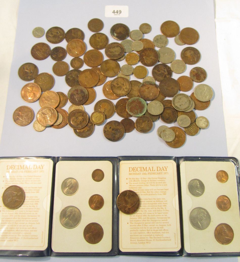 A tray of pre-decimal farthings, halfpennies, pennies, sixpences, brass threepences, two shillings