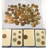A tray of pre-decimal farthings, halfpennies, pennies, sixpences, brass threepences, two shillings