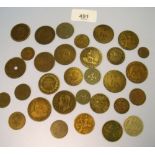 Tray of French, Belges & Italia mainly 19th Century, approx 30 coins, Bronze. Cond. Fair-Fine