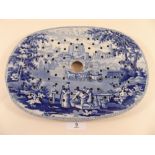 A Victorian Herculaneum blue and white strainer dish decorated 'View of Lancaster'