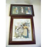 A set of three Kinsella cricket postcards framed as one and a print 'The Night Before Christmas'