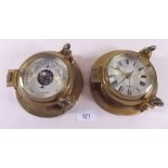 A matching pair of 'cabin' ships style brass clock and barometer