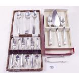 Three silver teaspoons and a pair of tongs and two sets of silver plated cake forks