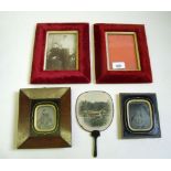 Four assorted Victorian photo frames and a small fan