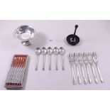 A set of five silver teaspoons, six silver plated cake forks, set of lobster picks, an ebony and