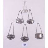 Six silver decanter labels, 68g
