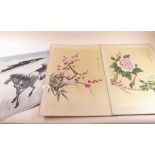 Two Chinese watercolour on silk pictures of birds unframed and two  silk machine tapestries