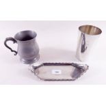 A silver plated large tumbler a card tray and a pewter tankard