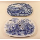 A Victorian blue and white strainer dish printed roccoco temple and another printed Chinoiserie