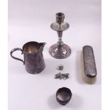 A silver backed brush, cufflinks and napkin rings plus a silver plated candlestick and jug