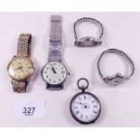 A silver fob watch, two gents vintage wrist watches and two ladies watches