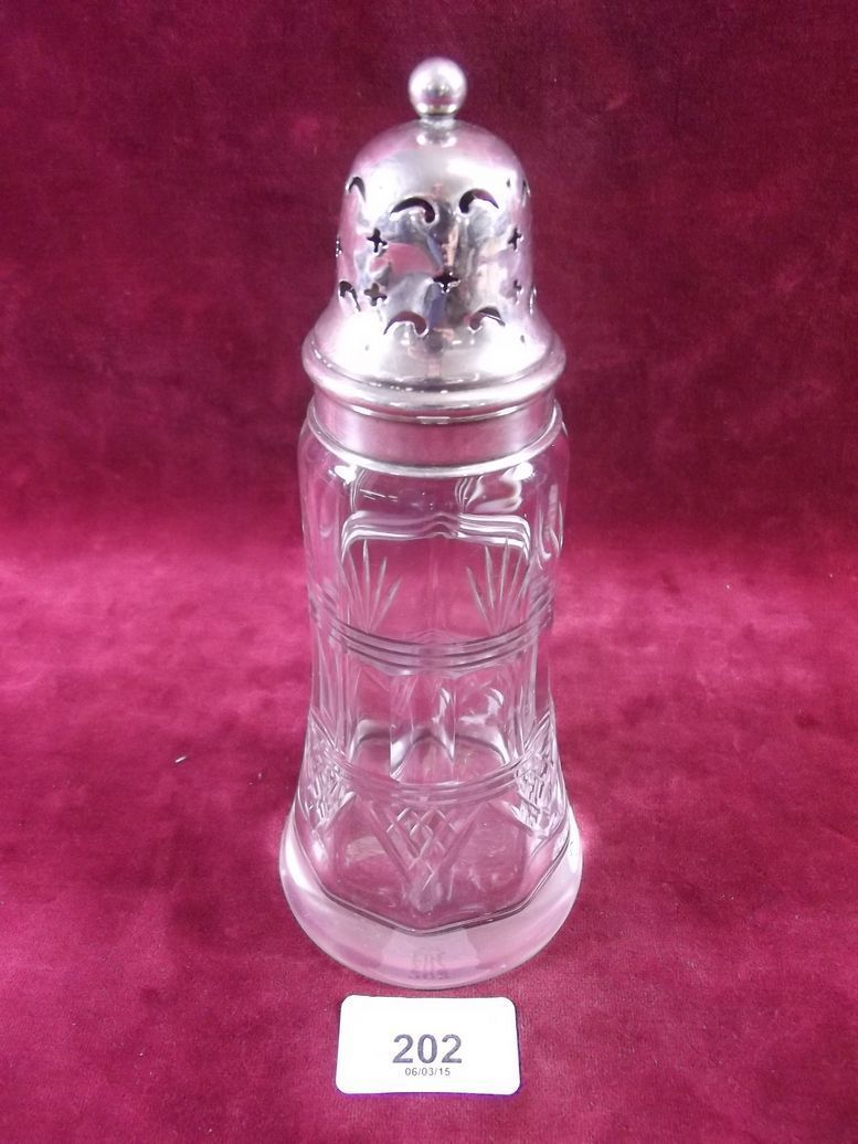 A cut glass and silver topped sugar castor - Sheffield 1909