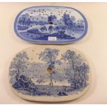 A Victorian Spode blue and white strainer dish printed castle and another printed Italianate river