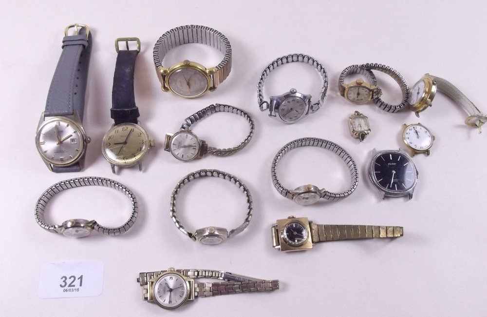 A quantity of old wrist watches including ladies gold watch and an Accurist vintage gents watch