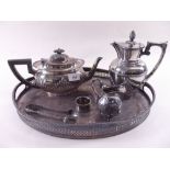 A box of silver plated teaware including Mappin and Webb teapot and oval tray