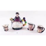 Three Royal Doulton small character jugs and a Royal Doulton Old Balloon Seller teapot