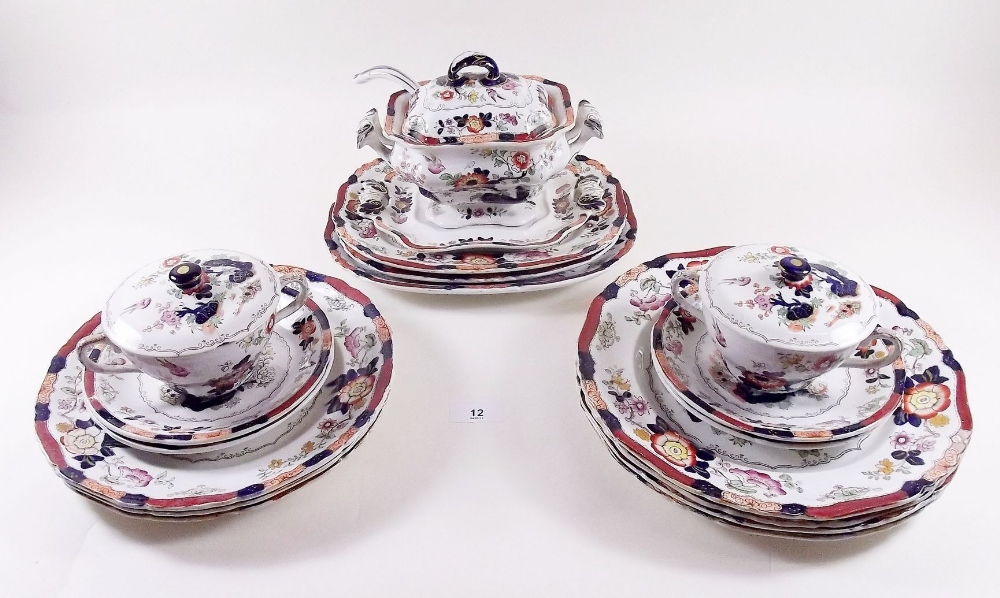 A Masons patent ironstone part dinner service comprising: two sauce tureens, stands and ladles,