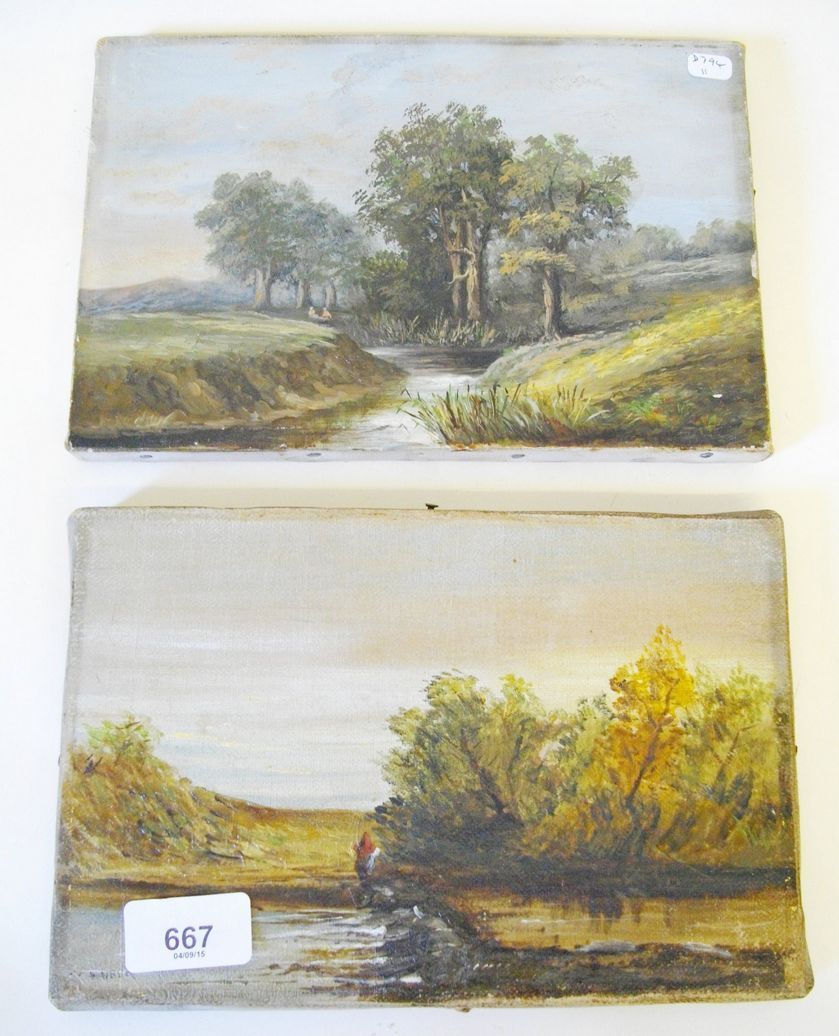 W Hube - pair of small oil landscape scenes, unframed 15 x 23cm