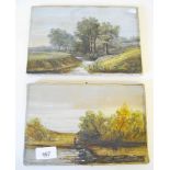 W Hube - pair of small oil landscape scenes, unframed 15 x 23cm