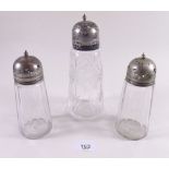 Three cut glass and silver plated sugar casters