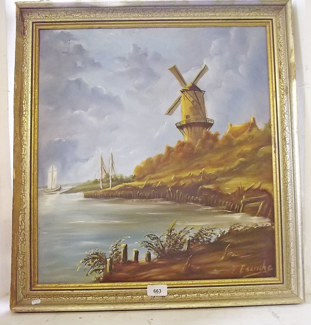 An oil on board landscape with windmill and sailing boats - signed and dated 1965, 51 x 46cm