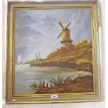 An oil on board landscape with windmill and sailing boats - signed and dated 1965, 51 x 46cm