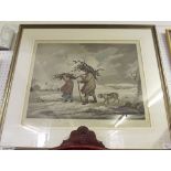 A mounted and framed print entitled "Cottages in Winter" after Geo. Morland and published 1812 by