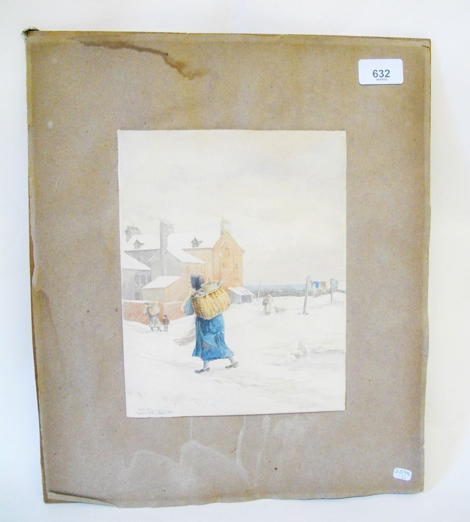 A Victorian watercolour woman carrying basked in the snow, monogrammed 'B.W.W.' Teignmouth 1891'