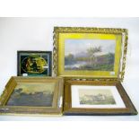 A set of three Victorian gouache landscapes and three other pictures, cottage scenes
