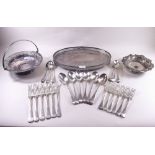 A box of silver plated cutlery, trays etc.