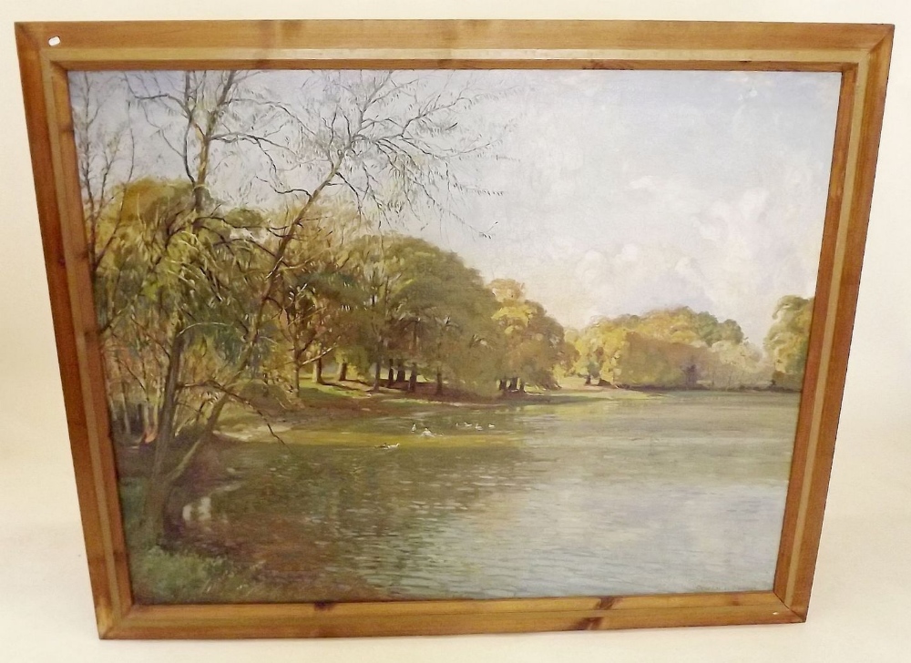 Donald Floyd - large oil on canvas lake at St Pierre Park, Chepstow, 81 x 126cm